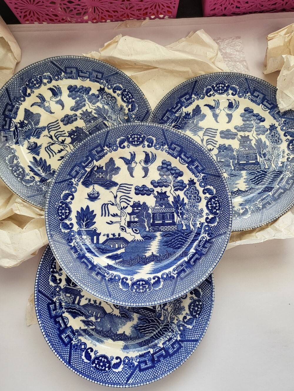 4p Blue Willow Plates - Very Old Cracked Crazed Japan 1899 Antique Collectable